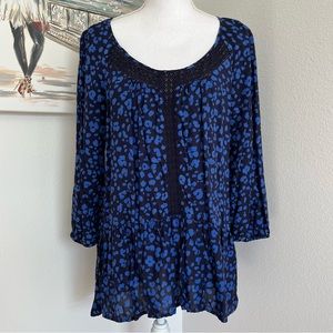 HD in Paris x Anthropologie Navy Blue Print Boho Ruffle Blouse | Medium